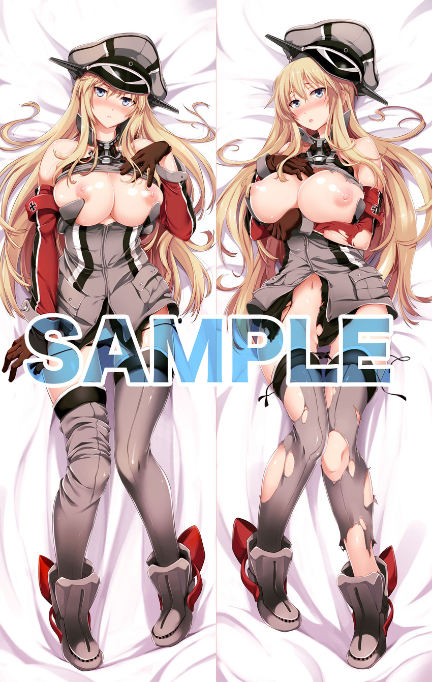 ankle_boots bare_shoulders bismarck_(kantai_collection) blonde_hair blue_eyes blush boots breasts brown_gloves chestnut_mouth collage cross dakimakura detached_sleeves gloves grey_legwear hand_on_own_chest hat highres iron_cross kantai_collection large_breasts long_hair loose_thighhigh lying multiple_views navel nipples on_back ouma_tokiichi peaked_cap sample shiny shiny_skin thighhighs torn_clothes torn_legwear