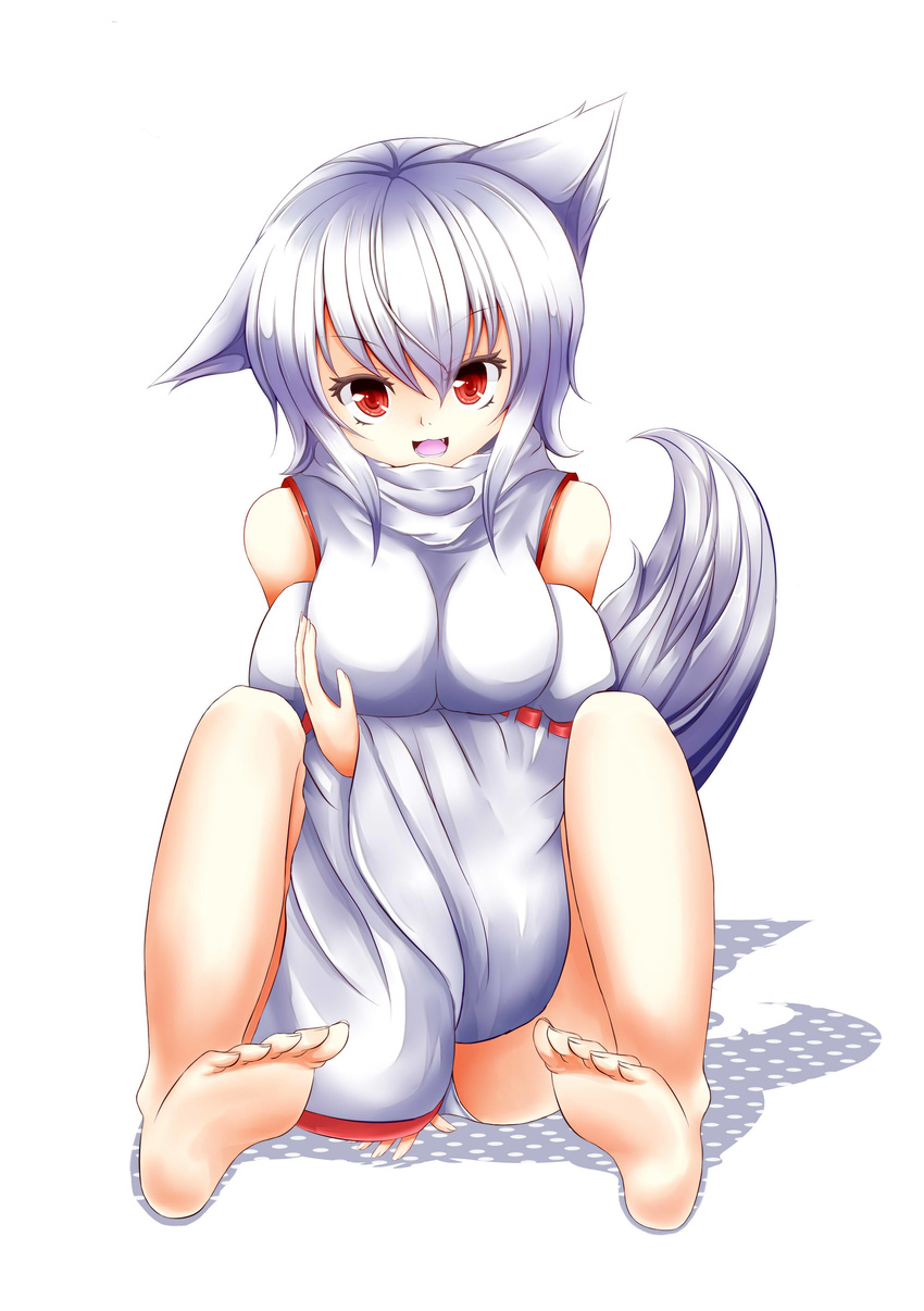 absurdres animal_ears banned_artist bare_shoulders barefoot breast_hold breasts detached_sleeves fang full_body happy highres inubashiri_momiji large_breasts looking_at_viewer oohirakeisuke open_mouth panties pantyshot pantyshot_(sitting) pom_pom_(clothes) red_eyes short_hair silver_hair simple_background sitting solo tail touhou underwear wolf_ears wolf_tail