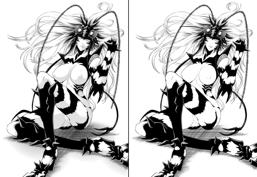 :p breasts caw=zoo claws greyscale highres horn insect_girl insect_wings large_breasts long_hair messy_hair monochrome monster_girl mosquito_girl mosquito_musume nipples no_hands one-punch_man personification sitting smile solo spikes tongue tongue_out wings