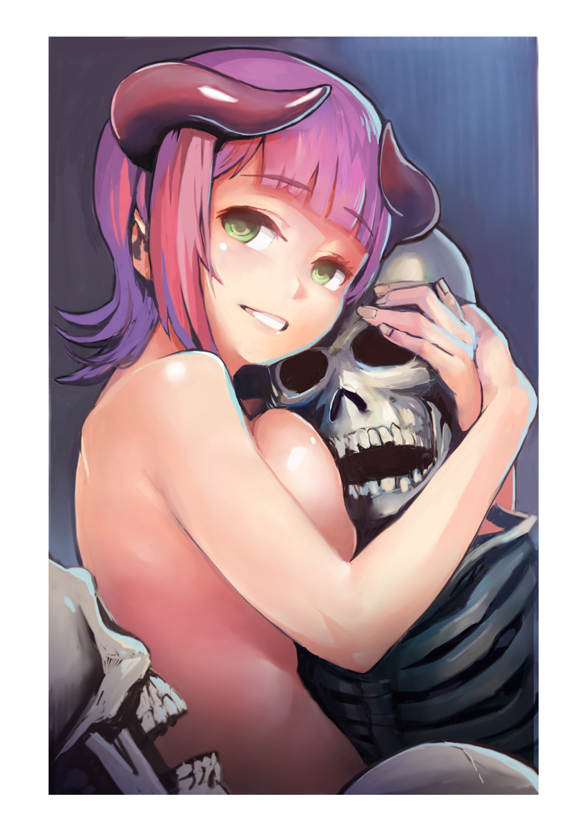 alternate_hair_color amami_haruka bangs blunt_bangs breast_press breasts demon_horns green_eyes grin highres horns hug idolmaster idolmaster_(classic) kousaku looking_at_viewer nude pink_hair short_hair skeleton smile solo upper_body