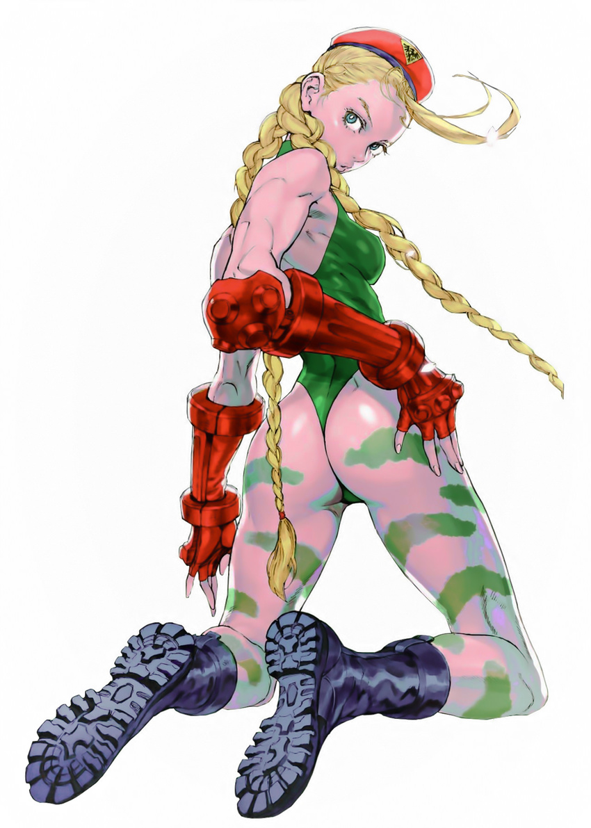 90s ahoge ass beret bodypaint boots braid breasts cammy_white camouflage capcom combat_boots fingerless_gloves from_behind full_body gloves green_leotard hat highleg highleg_leotard highres huge_ahoge kneeling leotard long_hair looking_back nishimura_kinu official_art puckered_lips scar small_breasts solo street_fighter street_fighter_ii_(series) thong_leotard toned twin_braids