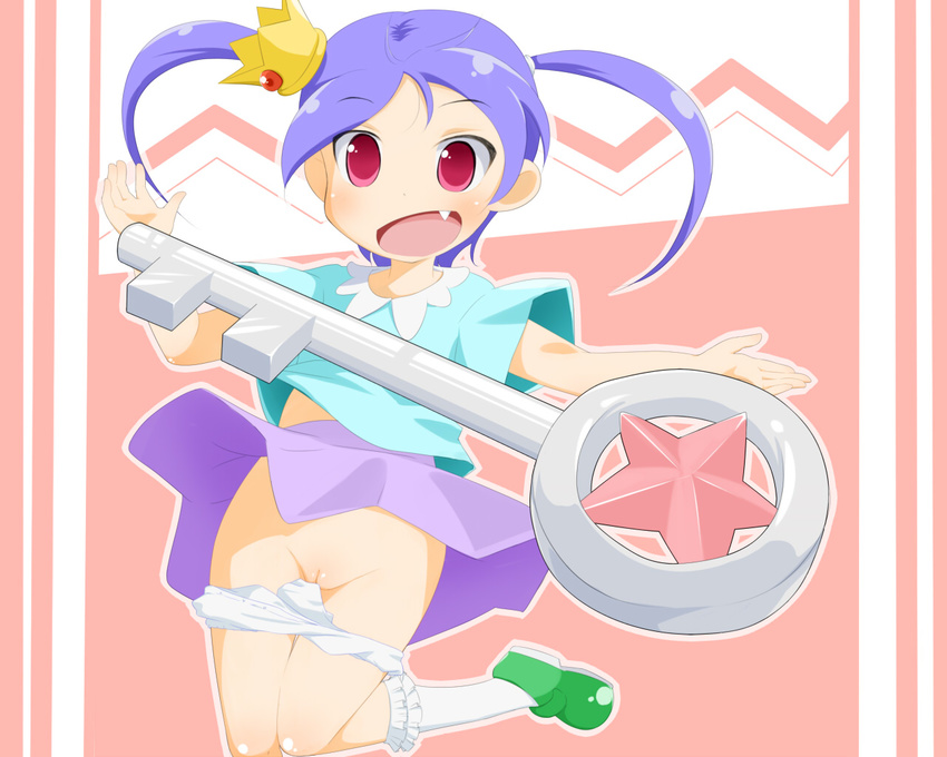 1girl blush cello_(20000) character_request crown delichi fang female key open_mouth panties panty_pull purple_hair pussy red_eyes shoes socks solo source_request thighs twintails uncensored underwear zakuzaku_akutaazu