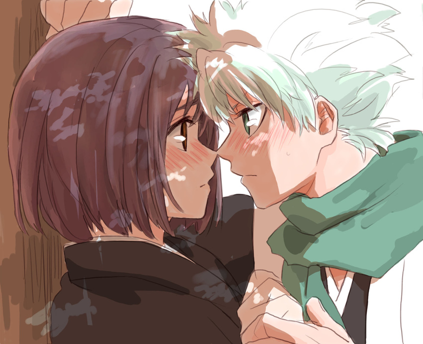 1boy 1girl bleach blush brown_eyes brown_hair eye_contact green_eyes hinamori_momo hitsugaya_toushirou looking_at_another scarf short_hair tama-chan_(momomomijisakura) white_hair