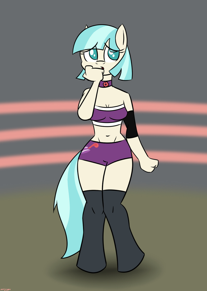 anthro anthrofied blue_eyes blue_hair cleavage clothed clothing coco_pommel_(mlp) collar earth_pony equine female friendship_is_magic hair horse legwear mammal my_little_pony mysteryfanboy718 navel pony shorts solo standinf standing stockings two_tone_hair wrestler