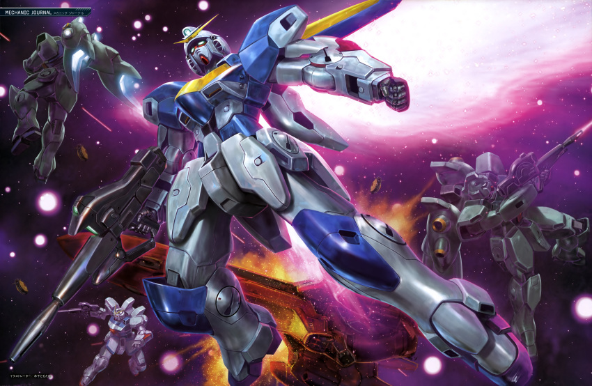 absurdres aiming artist_request battle beam_rifle clenched_hand damaged earth_federation energy_beam energy_gun explosion firing gun_blastor gundam highres holding holding_weapon machinery mecha mecha_focus mobile_suit nebula realistic robot science_fiction space spacecraft thrusters translation_request v-fin v_gundam vernier_thrusters victory_gundam weapon zanscare zero_gravity