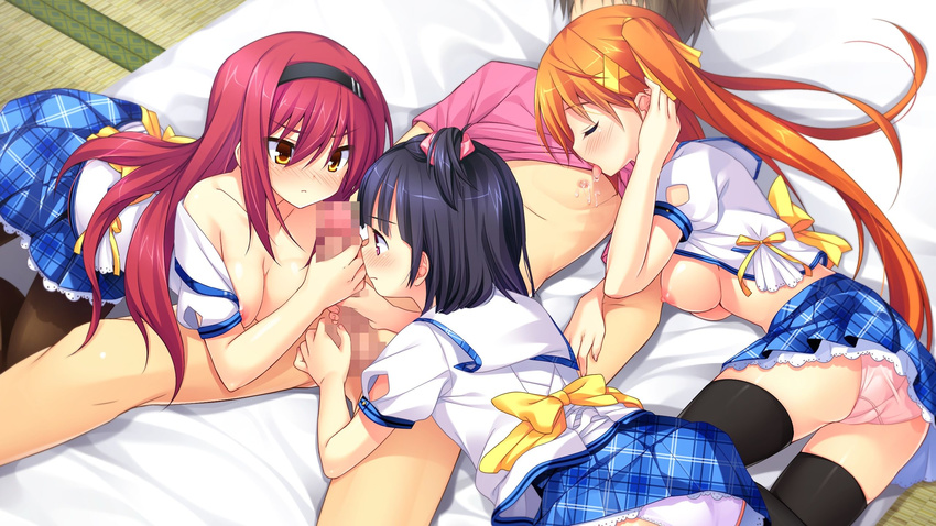 1boy 3girls ass atou_tsubaki bed black_hair blush bow breasts caressing_testicles censored chiri_(atlanta) chuablesoft double_handjob eyes_closed game_cg handjob headband highres hinohara_kei licking long_hair multiple_girls nipples orange_hair panties penis pink_eyes pink_panties purple_hair sawamiya_shiori school_uniform short_hair stockings thighhighs twintails underwear uniform wagaya_no_himegami-sama! yellow_eyes