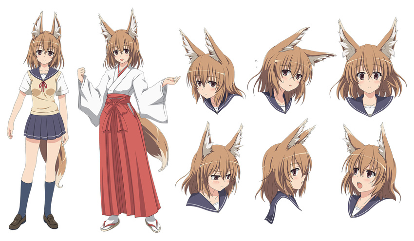 animal_ears bad_id bad_pixiv_id blush brown_eyes brown_hair character_sheet expressions fox_ears fox_girl fox_tail hakama highres japanese_clothes looking_at_viewer miko multiple_views open_mouth original red_hakama sandals school_uniform shira-nyoro short_hair simple_background smile sweatdrop tail tears white_background wide_sleeves youkai