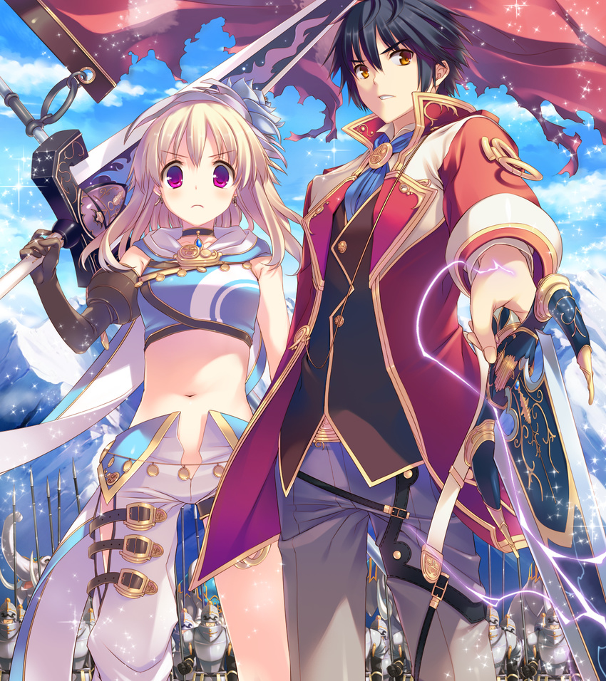 &gt;:( 1girl armor army asymmetrical_clothes belt black_hair blonde_hair brown_eyes choker coat crop_top earrings elbow_gloves flower frown game_cg gloves hair_flower hair_ornament hamil highres huge_weapon jewelry knight lance left-handed leg_belt lightning long_hair looking_at_viewer midriff navel official_art pants parted_lips polearm purple_eyes short_hair single_glove soldier sparkle sword tank_top tart_(tears_to_tiara_ii) tatami_to_hinoki tears_to_tiara tears_to_tiara_ii thigh_strap v-shaped_eyebrows vest weapon