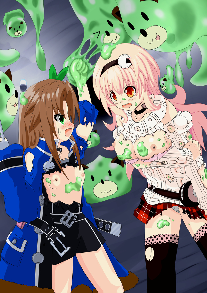 2girls :3 :p artist_request bare_shoulders belt belt_pouch blush blush_stickers bow bra breasts brown_hair choker choujigen_game_neptune clenched_hand coat compa compile_heart damaged dogoo eye_contact fist green_eyes hair_bow hairband idea_factory if_(choujigen_game_neptune) long_hair looking_at_another medium_breasts monster multiple_girls neptune_(series) nipples no_bra open_mouth orange_eyes panties pink_hair plaid pleated_skirt skirt slime small_breasts sweater tearing_clothes tears thighhighs tongue tongue_out torn_clothes torn_thighhighs turtleneck underwear