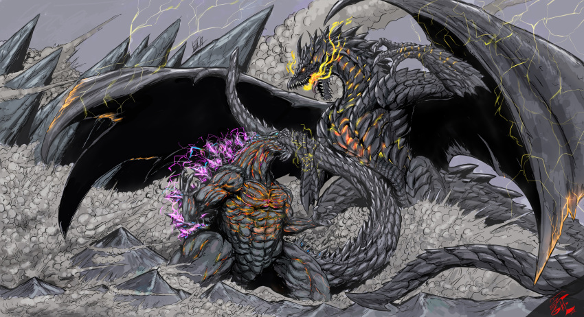 2boys absurdres ancalagon battle black_wings blue_eyes claws cloud cloudy_sky commentary commission crossover dark_clouds dragon dragon_horns dragon_tail dragon_wings dust electricity english_commentary fire gabe-tke giant glowing glowing_eye glowing_eyes godzilla godzilla:_planet_of_the_monsters godzilla_(series) godzilla_earth grey_sky highres horn horns kaijuu large_wings lightning lord_of_the_rings molten_rock monster mountain multiple_boys no_humans open_mouth orange_eyes scales sharp_teeth signature size_difference sky smoke spikes tail teeth tongue tongue_out traditional_media wings