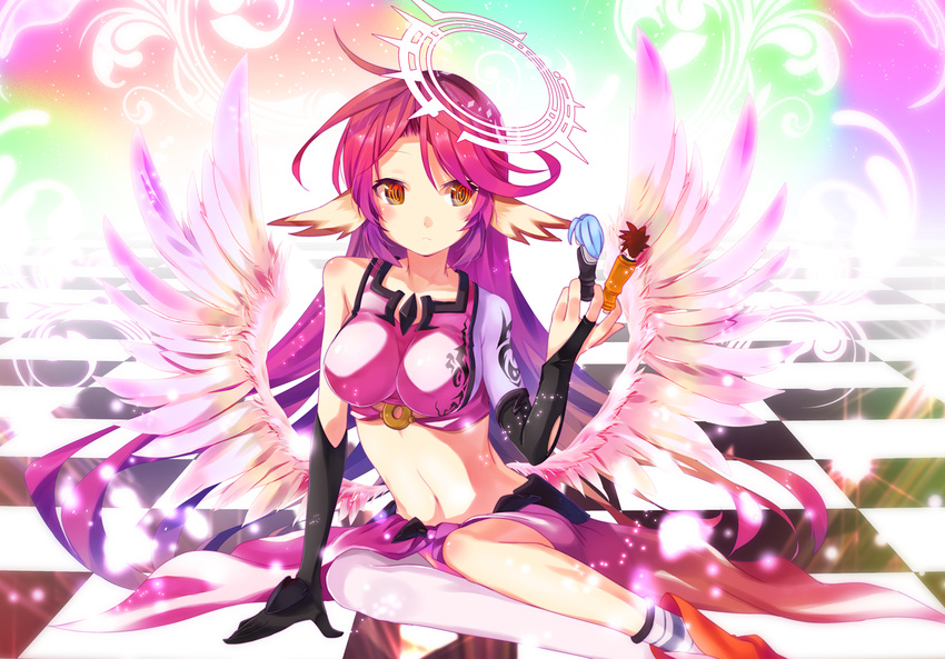 2mota :&lt; bangs bare_shoulders black_gloves bridal_gauntlets checkered checkered_floor chess_piece colorful elbow_gloves expressionless feathered_wings floor full_body gloves gradient_hair halo impossible_clothes jibril_(no_game_no_life) long_hair low_wings midriff mismatched_gloves mismatched_legwear multicolored_hair navel no_game_no_life orange_eyes parted_bangs pink_hair purple_hair ringed_eyes shiny shiny_clothes shiny_hair shiny_skin shiro_(no_game_no_life) shoes single_shoe single_sock single_thighhigh sitting socks solo sora_(no_game_no_life) tareme tattoo thighhighs very_long_hair white_wings wing_ears wings yokozuwari