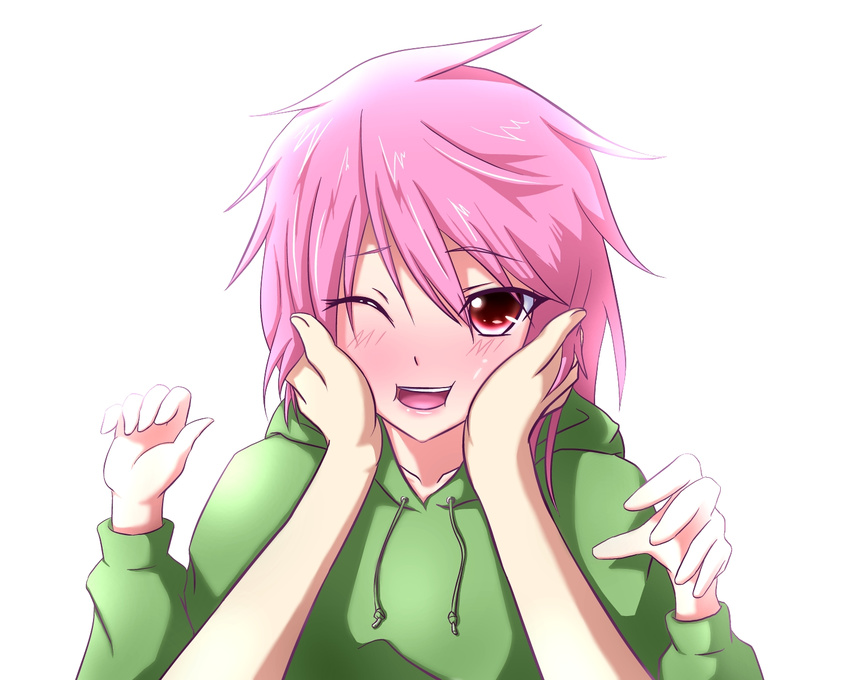 bad_id bad_pixiv_id blush d-frag! green_(midoriryuu) hands_on_another's_cheeks hands_on_another's_face highres hood hoodie lipstick looking_at_viewer makeup mizukami_sakura out_of_frame pink_eyes pink_hair pov pov_hands short_hair simple_background smile white_background