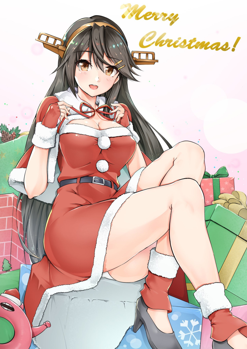1girl alternate_costume belt black_footwear black_hair blush breasts brown_eyes chimney cleavage dress fingerless_gloves full_body fur-trimmed_dress fur_trim gift gloves hairband haruna_(kantai_collection) headgear highres kantai_collection large_breasts leg_warmers long_hair looking_at_viewer merry_christmas off-shoulder_dress off_shoulder open_mouth pumps red_dress red_gloves sezoku simple_background sitting smile solo white_background