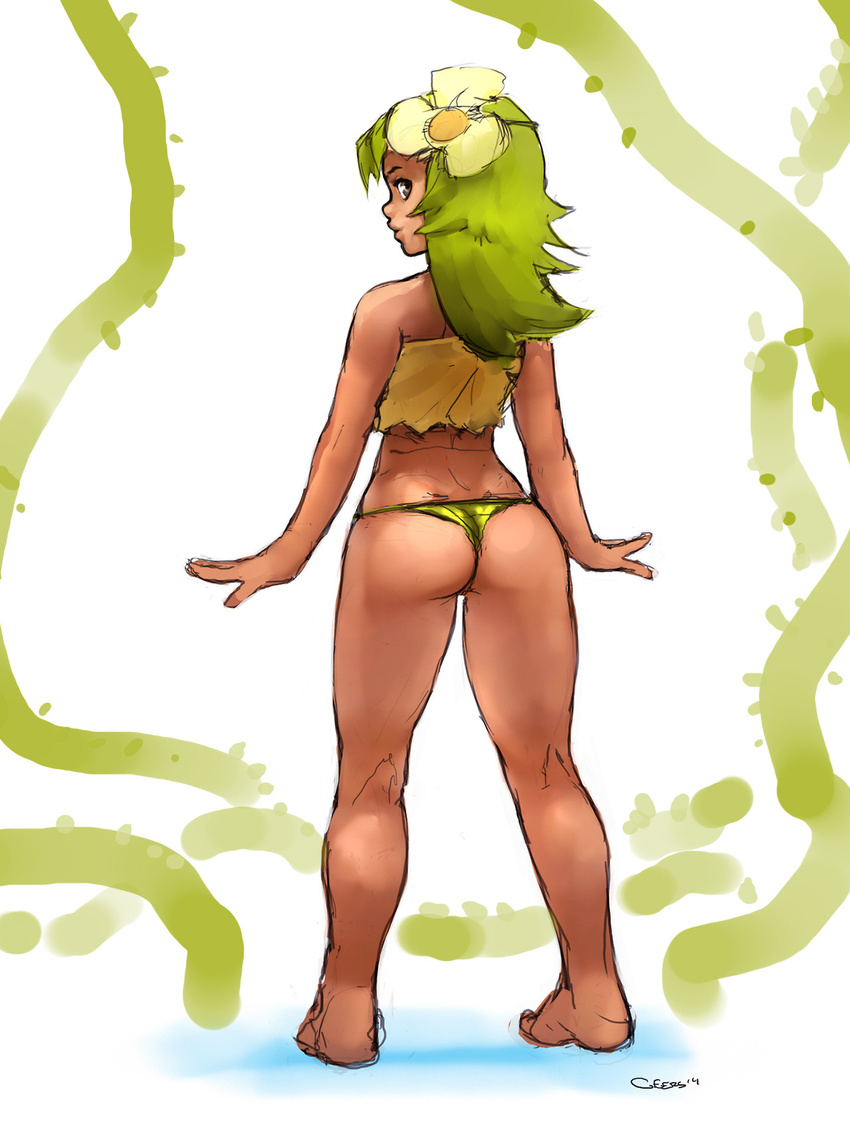 1girl amalia_sheran_sharm ass bare_shoulders barefoot brown_eyes dark_skin darren_geers flower from_behind full_body green_hair hair_flower hair_ornament highres lips long_hair looking_back sadida solo standing thong vines wakfu