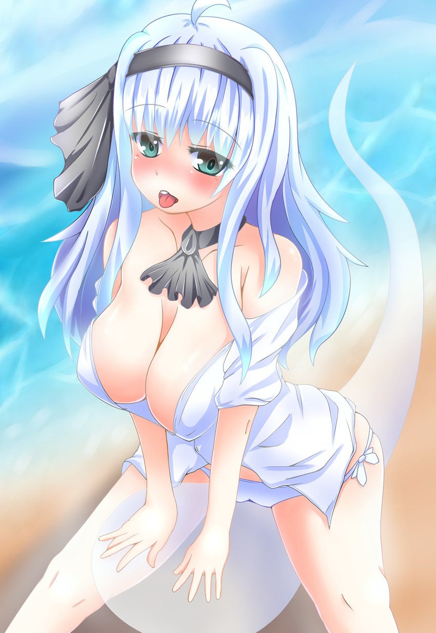 alternate_breast_size alternate_hair_length alternate_hairstyle ascot bare_legs bare_shoulders beach bikini bikini_bottom black_hairband blush breasts cameltoe cleavage collarbone day green_eyes hair_ribbon hairband highres konpaku_youmu large_breasts long_hair looking_at_viewer makky naughty_face ocean older open_clothes open_mouth open_shirt outdoors panties ribbon sand seductive_smile shirt short_sleeves side-tie_bikini silver_hair sitting sitting_on_object smile solo swimsuit tongue tongue_out touhou underwear water waves