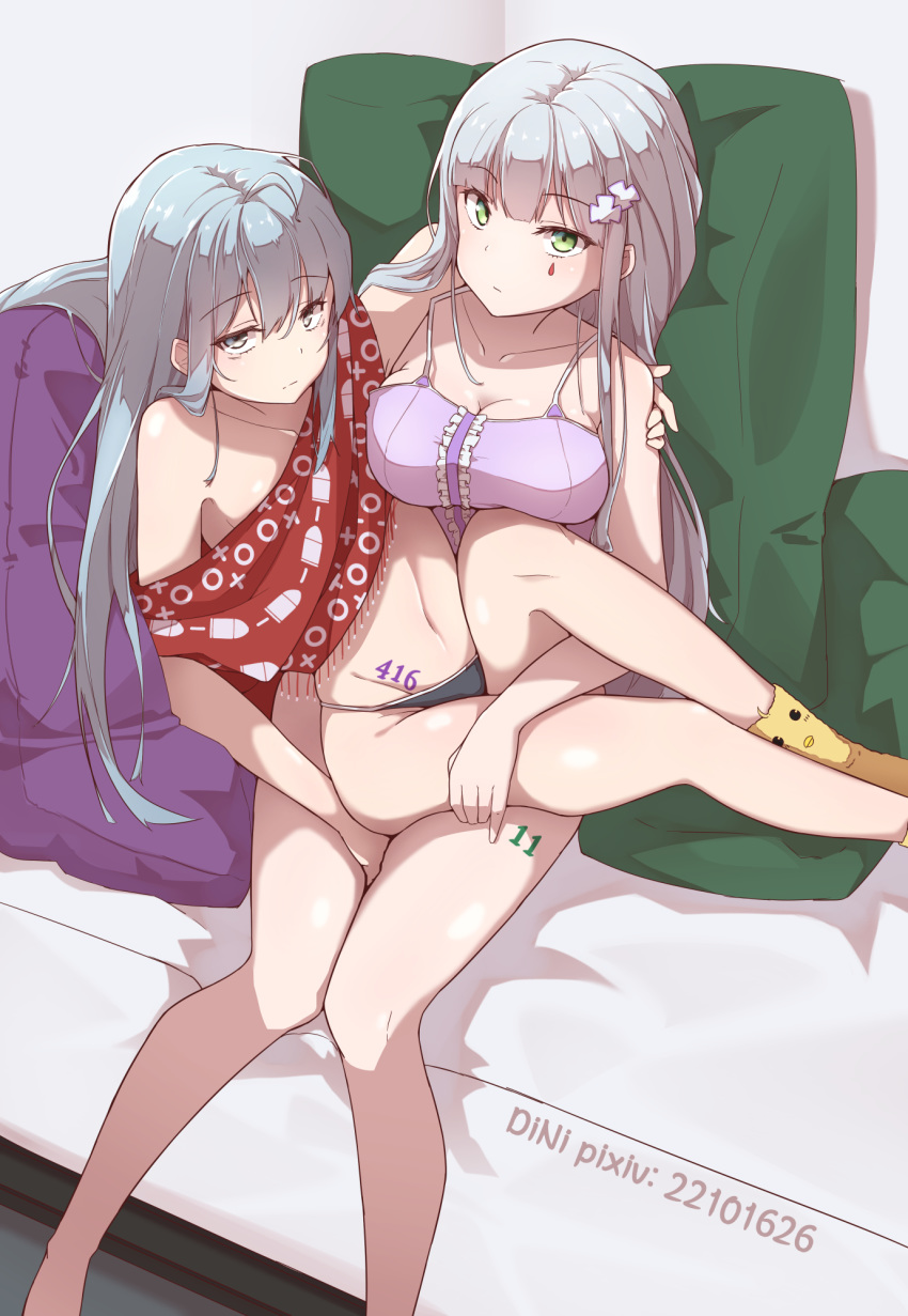 2girls ahoge bangs between_legs blunt_bangs breasts closed_mouth collarbone commentary_request dini eyebrows_visible_through_hair facial_mark flat_chest g11_(girls_frontline) girls_frontline green_eyes grey_hair hair_between_eyes hair_ornament hand_between_legs hand_on_another's_shoulder highres hk416_(girls_frontline) large_breasts long_hair looking_at_viewer messy_hair multiple_girls navel off_shoulder silver_eyes silver_hair sitting sitting_on_lap sitting_on_person tattoo teardrop