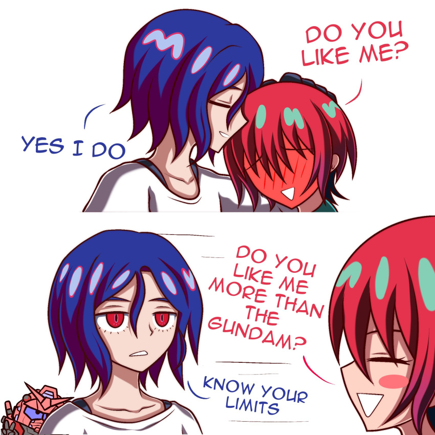 1boy 1girl amate_yuzuriha blush gundam gundam_gquuuuuux highres purple_hair red_eyes red_gundam red_hair shirt short_hair shuji_ito zeon132