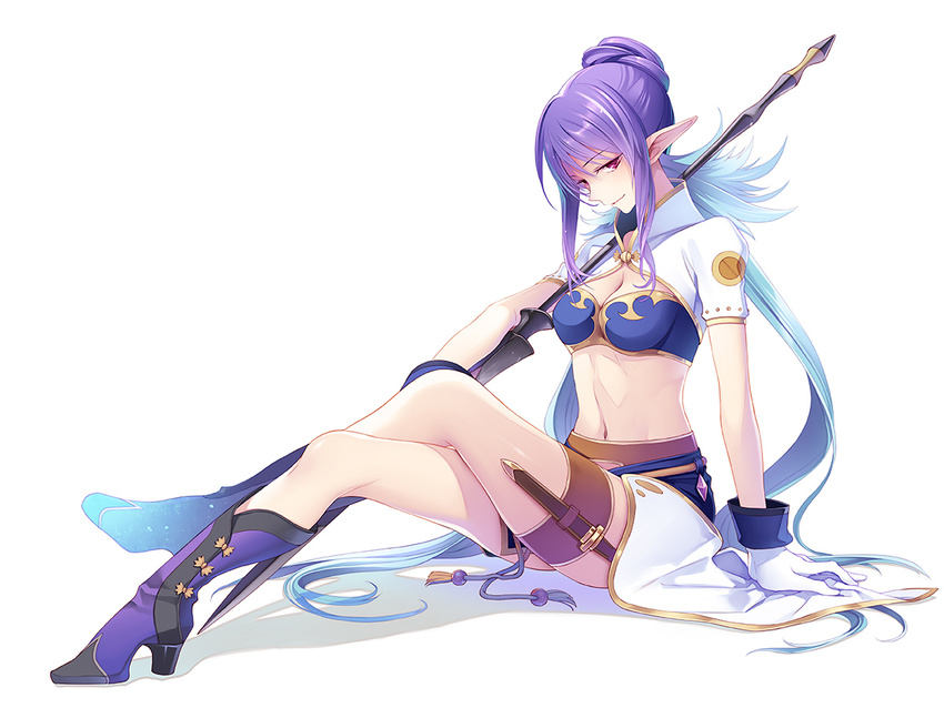 antennae blue_footwear blue_hair boots full_body gloves hair_bun judith maro_(nikeneko523) pointy_ears polearm red_eyes short_hair sitting skirt smile solo spear tales_of_(series) tales_of_vesperia weapon white_background