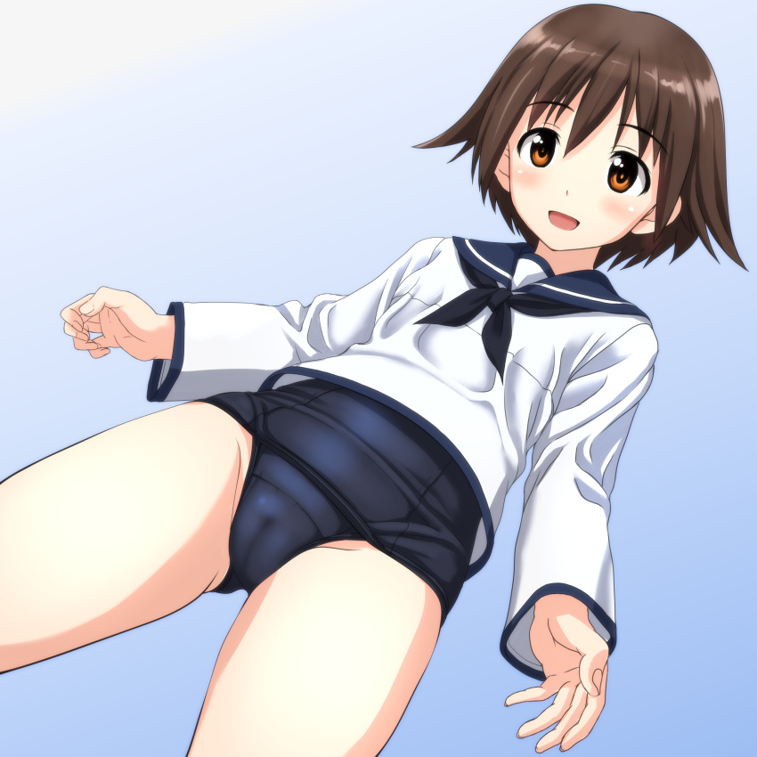 1girl black_neckwear black_swimsuit blue_background blue_sailor_collar brown_eyes brown_hair cameltoe commentary_request cowboy_shot from_below gluteal_fold gradient gradient_background highres miyafuji_yoshika neckerchief old_school_swimsuit sailor_collar sailor_shirt school_swimsuit school_uniform shirt solo standing strike_witches swimsuit swimsuit_under_clothes takafumi white_shirt world_witches_series