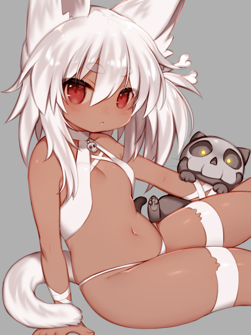 1girl animal animal_ear_fluff animal_ears bangs bare_shoulders black_cat blush bone_hair_ornament breasts cat cat_ears cat_girl cat_tail commentary_request dark_skin eyebrows_visible_through_hair fingernails grey_background hair_between_eyes highres long_hair looking_at_viewer mofuaki navel original panties parted_lips red_eyes simple_background sitting skull small_breasts solo tail thick_eyebrows underwear white_hair white_panties