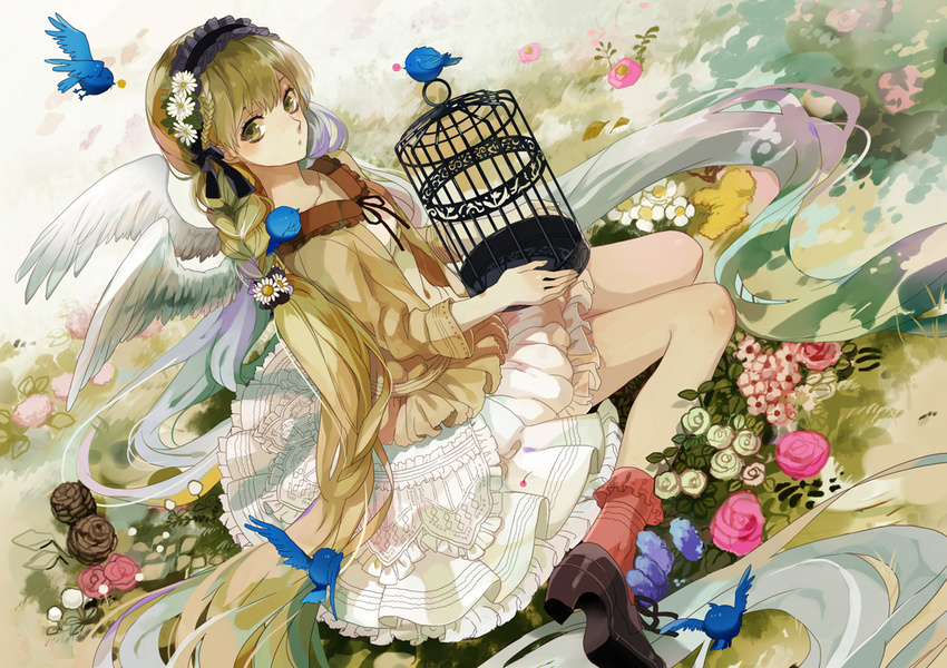 alternate_hairstyle angel_wings birdcage blonde_hair blush braid cage dress flower frilled_skirt frills hair_flower hair_ornament hatsune_miku long_hair maid_headdress michi_(iawei) sitting skirt solo twin_braids twintails very_long_hair vocaloid wariza wings yellow_eyes