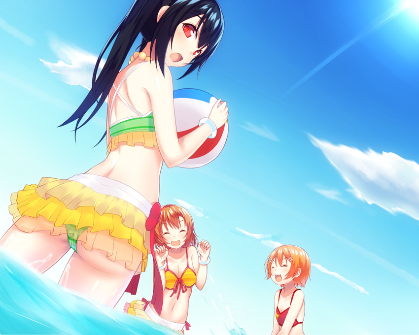 ^_^ ass ball beachball bikini black_hair breasts brown_hair closed_eyes day frilled_bikini frills hoshizora_rin kousaka_honoka long_hair looking_at_viewer love_live! love_live!_school_idol_project medium_breasts multiple_girls natsuiro_egao_de_1_2_jump! ocean open_mouth orange_hair outdoors ponkotsu_(ayarosu) red_eyes short_hair skirt small_breasts sunlight swimsuit twintails water yazawa_nico