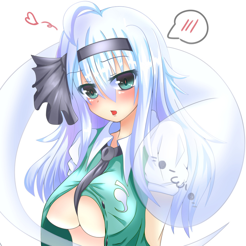 :3 absurdres ahoge alternate_breast_size alternate_hair_length alternate_hairstyle black_hairband blush breasts green_eyes hair_ribbon hairband heart highres konpaku_youmu large_breasts long_hair looking_at_viewer makky necktie older open_clothes open_mouth open_shirt puffy_short_sleeves puffy_sleeves ribbon shirt short_sleeves silver_hair solo touhou upper_body