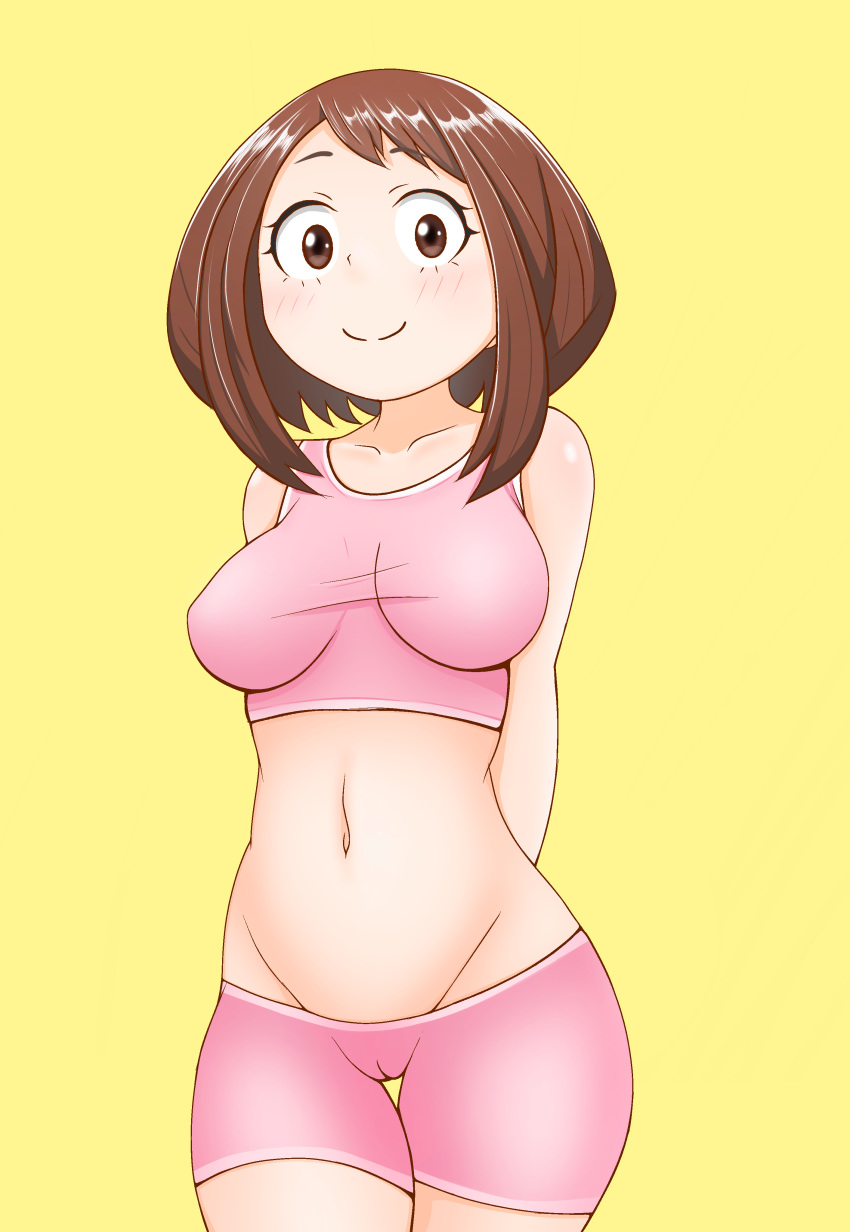 10s 1girl absurdres arms_behind_back bare_shoulders blush boku_no_hero_academia breasts brown_eyes brown_hair cameltoe eyebrows_visible_through_hair highres impossible_clothes large_breasts looking_at_viewer matching_hair/eyes medium_hair midriff navel pink_shorts pink_sports_bra poa_mellhen shorts simple_background smile solo sports_bra standing uraraka_ochako yellow_background