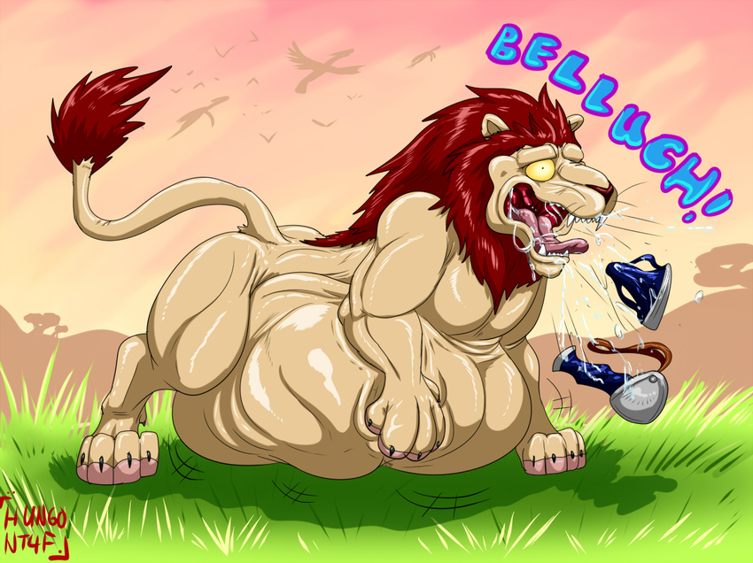 armor belly belly_rub bulge burping claws drooling english_text fangs feline fur grass hungothenomster lion mammal mane pawpads paws red_fur saliva sharp_teeth struggling tan_fur teeth text throat toe_claws tongue tongue_out vore yellow_eyes