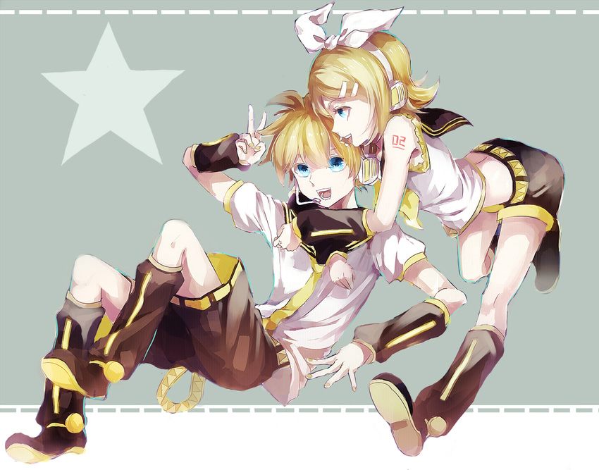 1girl arm_warmers bad_id bad_pixiv_id blonde_hair blue_eyes brother_and_sister hair_ornament hair_ribbon hairclip headset junekun kagamine_len kagamine_rin leg_warmers open_mouth ribbon sailor_collar short_hair shorts siblings star vocaloid