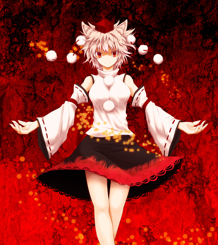 animal_ears bare_shoulders breasts detached_sleeves hat highres inubashiri_momiji large_breasts looking_at_viewer mokkei pom_pom_(clothes) red_eyes short_hair silver_hair smile solo tokin_hat touhou wolf_ears