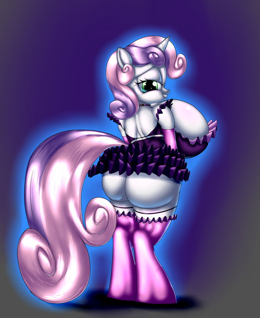anthro anthrofied big_breasts breasts cleavage clothed clothing equine eyelashes female friendship_is_magic fur green_eyes hair half-closed_eyes horn legwear mammal my_little_pony solo stockings sweetie_belle_(mlp) two_tone_hair unicorn unknown_artist white_fur