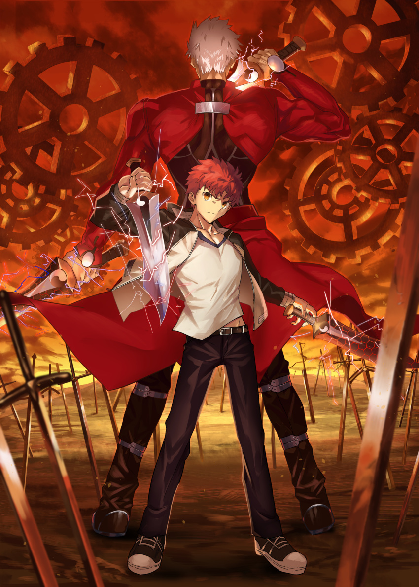 2boys archer ashiwara_yuu black_pants emiya_shirou fate/stay_night fate_(series) field_of_blades highres holding holding_sword holding_weapon kanshou_&amp;_bakuya long_sleeves looking_at_viewer male_focus multiple_boys official_style orange_hair pants planted_sword planted_weapon raglan_sleeves sword too_many_weapons unlimited_blade_works weapon white_hair