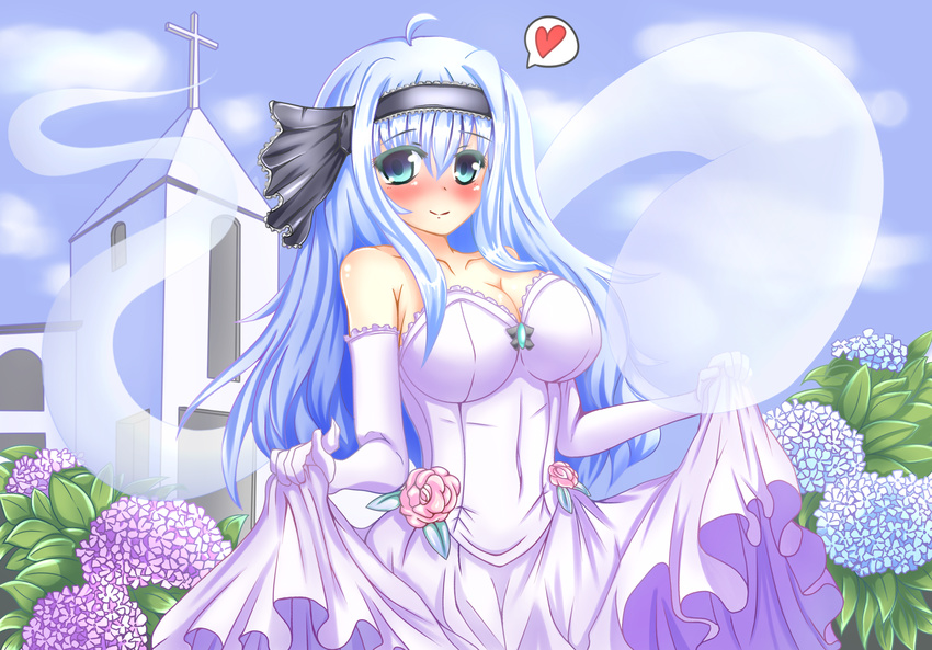 ahoge alternate_breast_size alternate_hair_length alternate_hairstyle bare_shoulders black_hairband blue_sky blush breasts bridal_gauntlets church cloud cloudy_sky collarbone colored_eyelashes cross day dress elbow_gloves eyelashes flower gloves green_eyes hair_ribbon hairband heart highres hydrangea konpaku_youmu large_breasts long_hair looking_at_viewer makky older outdoors ribbon silver_hair skirt skirt_hold sky smile solo spoken_heart touhou wedding wedding_dress