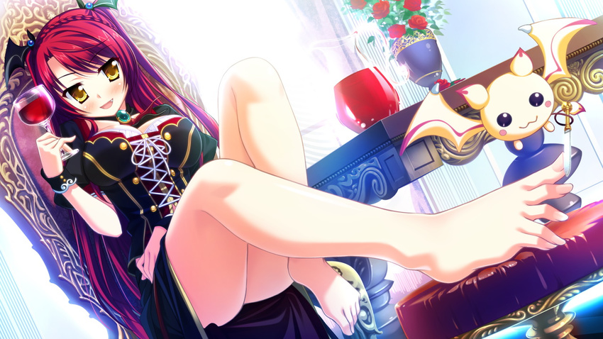 1girl barefoot blush braid breasts cup dora dutch_angle fang feet feet_on_chair flower foreshortening game_cg gem jewelry legs long_hair luce_yami_asutarite magical_marriage_lunatics!! open_mouth pedicure pendant pitcher red_hair rose sitting solo spread_toes toenails toes wine_glass yamakaze_ran yellow_eyes