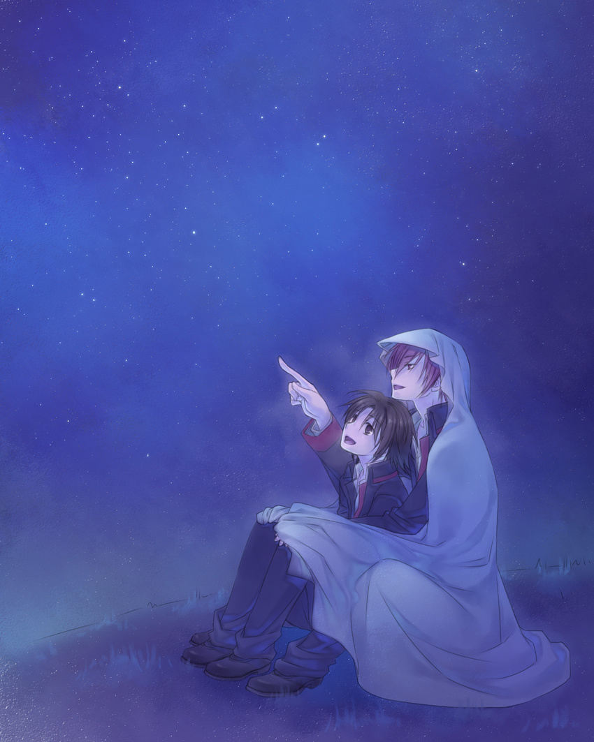 blanket brown_eyes brown_hair couple grass highres hug little_busters! male_focus multiple_boys naoe_riki natsume_kyousuke night night_sky open_mouth outdoors pointing red_eyes red_hair school_uniform shared_blanket shoes sitting sitting_on_lap sitting_on_person sky smile star_(sky) stargazing starry_sky yaoi