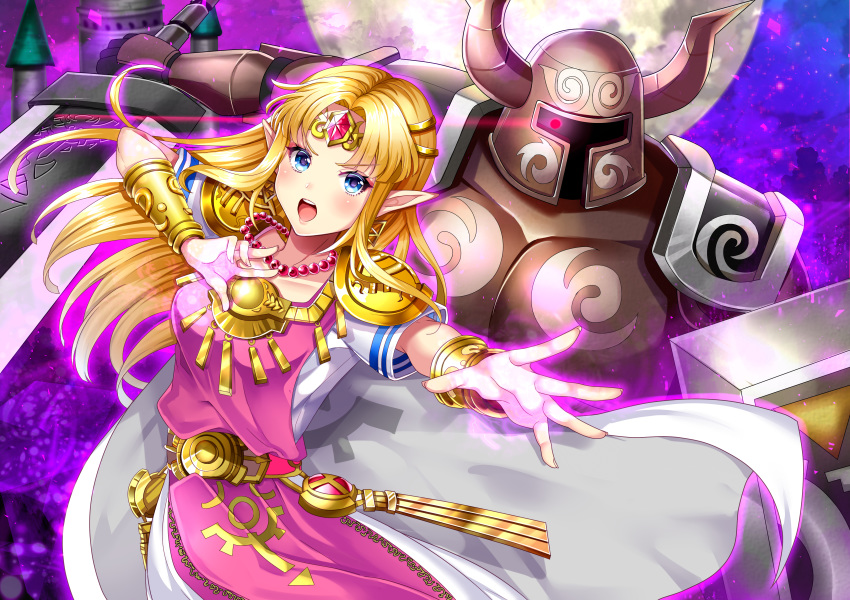 &gt;:o 2girls :o absurdres armor aura bangs blonde_hair blue_eyes bracer cape castle dress dual_persona earrings eyebrows_visible_through_hair female floating_hair full_armor full_moon glowing glowing_eyes gown helmet highres holding holding_sword holding_weapon horned_helmet horns jewelry knight long_hair looking_at_viewer moon multiple_girls necklace night night_sky nintendo open_mouth outstretched_arm parted_bangs pink_dress pointy_ears princess_zelda red_eyes round_teeth serious shield shoulder_armor shoulder_pads sky super_smash_bros. super_smash_bros._ultimate sword teeth the_legend_of_zelda the_legend_of_zelda:_a_link_between_worlds the_legend_of_zelda:_spirit_tracks tiara tunic upper_teeth uzura_(moimoi) weapon white_cape white_dress