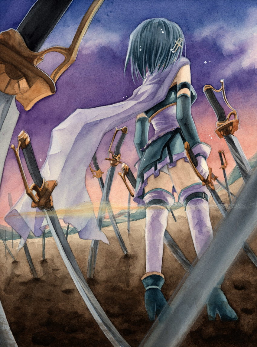 armband back blue_hair blurry cape depth_of_field field_of_blades gloves hair_ornament hairclip highres mahou_shoujo_madoka_magica mahou_shoujo_madoka_magica_movie miki_sayaka multiple_swords panties pantyshot planted_sword planted_weapon roreru short_hair solo sword thighhighs underwear weapon