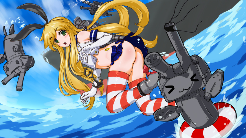 blonde_hair elbow_gloves gloves green_eyes hairband highres kantai_collection lifebuoy long_hair nora_(nora7) ocean rensouhou-chan shimakaze_(kantai_collection) striped striped_legwear thighhighs white_gloves