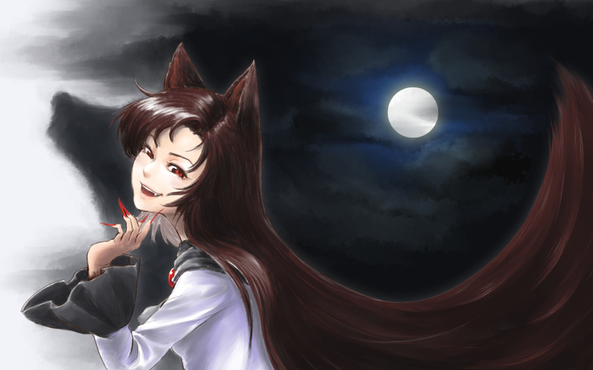 animal_ears brooch brown_hair cloud cloudy_sky different_shadow fang fingernails full_moon imaizumi_kagerou jewelry kihou_kanshouzai long_fingernails long_hair long_sleeves looking_at_viewer looking_to_the_side moon nail_polish night night_sky open_mouth red_eyes red_nails shirt sky smile solo touhou upper_body very_long_hair white_shirt wolf_ears