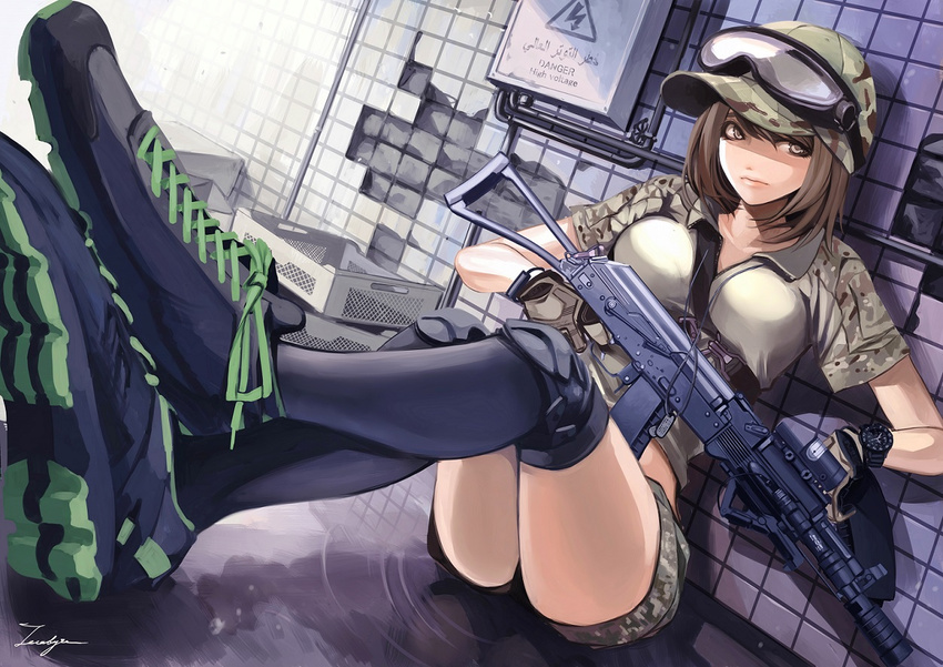 ak-102 angled_foregrip assault_rifle black_legwear breasts brown_eyes brown_hair camouflage camouflage_hat camouflage_shorts dog_tags gloves goggles goggles_on_head gun hat knee_pads koh_(minagi_kou) large_breasts laser_sight looking_at_viewer midriff military_hat military_operator multicam_(camo) original rifle shoes short_hair shorts solo thighhighs watch weapon wristwatch