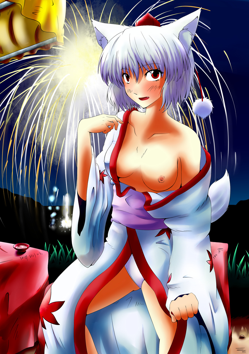 :d absurdres alcohol animal_ears bare_shoulders blush breasts canister collarbone fang hat highres inubashiri_momiji japanese_clothes kimono kouno_ibuki looking_at_viewer medium_breasts nipples open_clothes open_mouth outdoors panties pantyshot partially_undressed pom_pom_(clothes) red_eyes sake short_hair silver_hair smile solo tail tokin_hat touhou underwear white_panties wolf_ears wolf_tail yukata