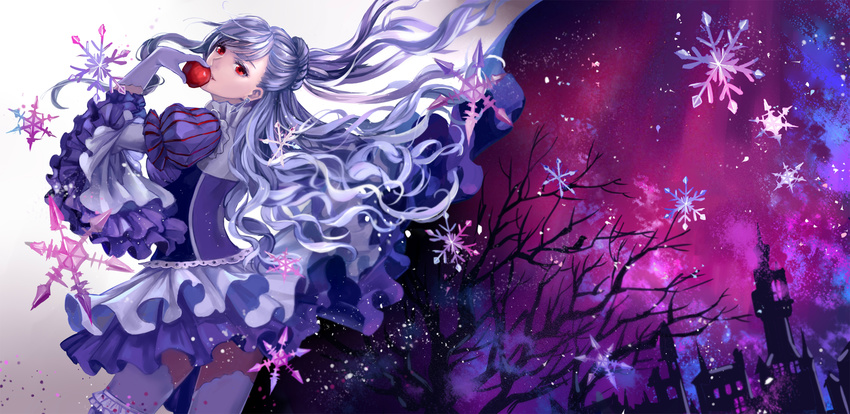 apple colored_eyelashes earrings food frills fruit gloves highres jewelry lavender_hair long_hair monogo night original red_eyes skirt snowflakes solo thighhighs wavy_hair