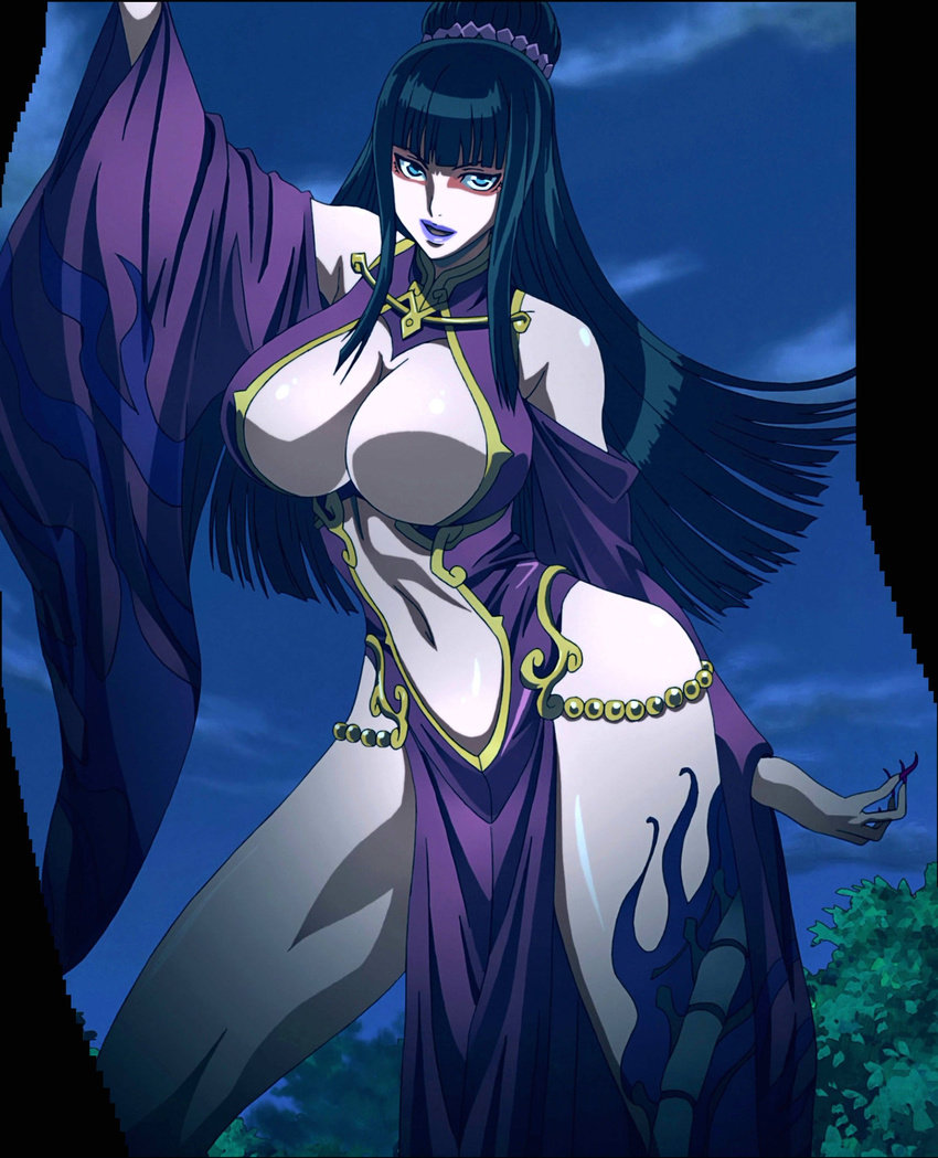 1girl black_hair blue_eyes breasts fuuun_ishin_dai_shogun highres houkouin large_breasts long_hair solo standing stitched