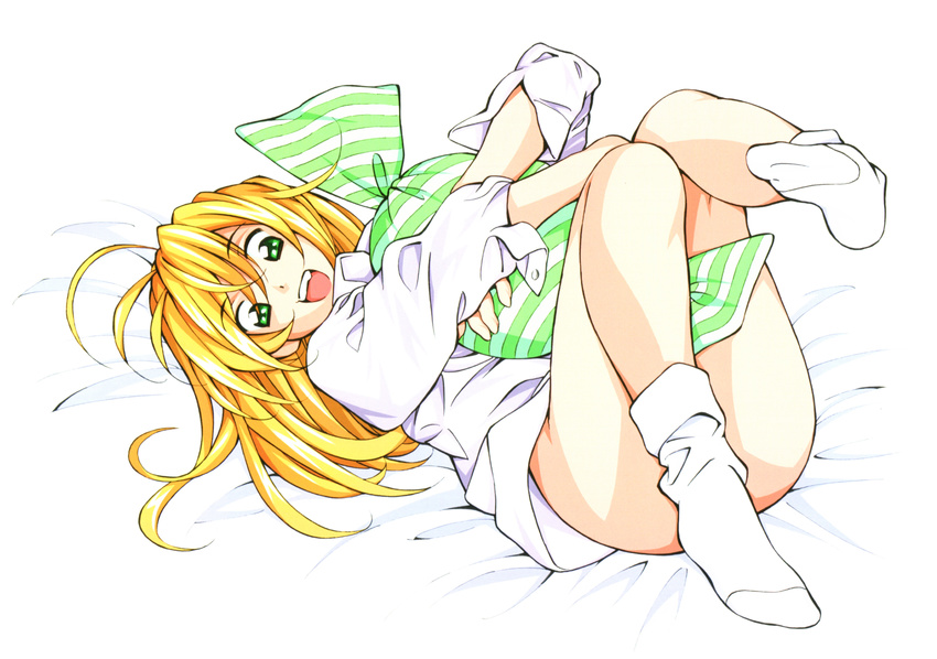 absurdres ahoge blonde_hair candy convenient_leg food green_eyes happy highres huggle ikkitousen long_hair messy_hair open_mouth oversized_clothes oversized_shirt shiozaki_yuji shirt socks solo sonsaku_hakufu white_legwear white_shirt