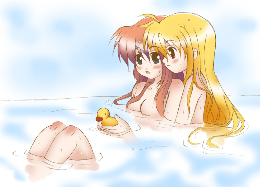 2girls artist_request bath blonde_hair blue_eyes blush breasts brown_hair cleavage fate_testarossa happy inu0831 looking_at_another lyrical_nanoha mahou_senki_lyrical_nanoha_force mahou_shoujo_lyrical_nanoha mahou_shoujo_lyrical_nanoha_strikers mahou_shoujo_lyrical_nanoha_vivid multiple_girls red_eyes rubber_duck smile takamachi_nanoha yuri