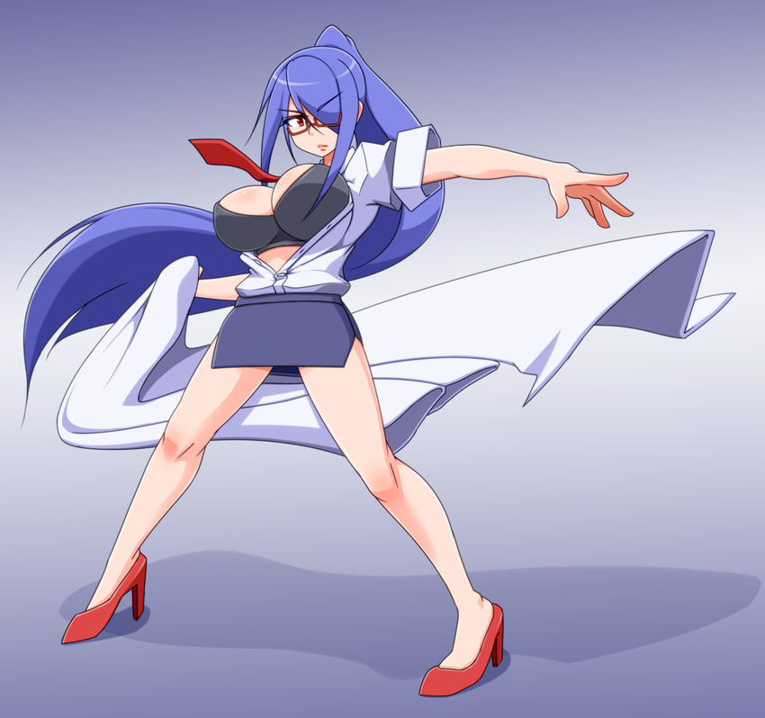 bad_id bad_pixiv_id black_bra blue_background blue_hair bra breasts center_opening glasses gradient gradient_background hair_over_one_eye highres huge_breasts kaz_(shade) legs long_hair looking_at_viewer miniskirt necktie original ponytail red_eyes red_neckwear skirt solo thighs underwear very_long_hair white_background