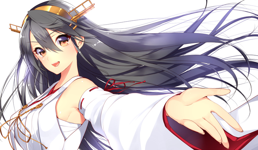 :d armpits black_hair brown_eyes detached_sleeves hairband haruna_(kantai_collection) japanese_clothes kantai_collection long_hair looking_at_viewer matarou_(genkai_toppa) nontraditional_miko open_mouth outstretched_arm outstretched_hand ribbon ribbon-trimmed_sleeves ribbon_trim sarashi smile solo v-shaped_eyebrows