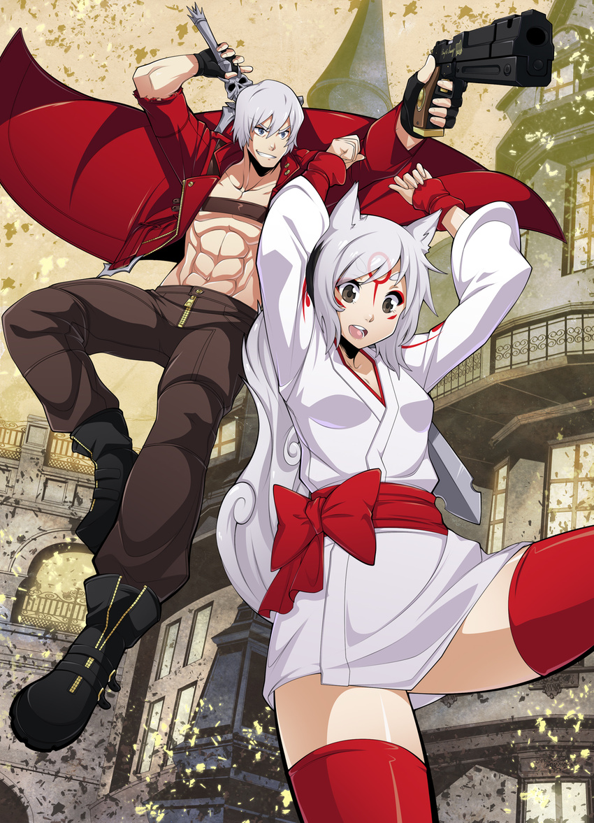 1girl abs amaterasu animal_ears beltbra breasts brown_eyes capcom company_connection crossover dante_(devil_may_cry) devil_may_cry dual_wielding facial_tattoo falling fingerless_gloves gloves grin gun handgun highres holding huge_weapon jacket japanese_clothes kimono long_coat ookami_(game) personification rebellion_(sword) red_jacket red_legwear short_kimono silver_hair small_breasts smile spike_wible sword tail tattoo thighhighs weapon white_hair wolf_ears wolf_tail zipper