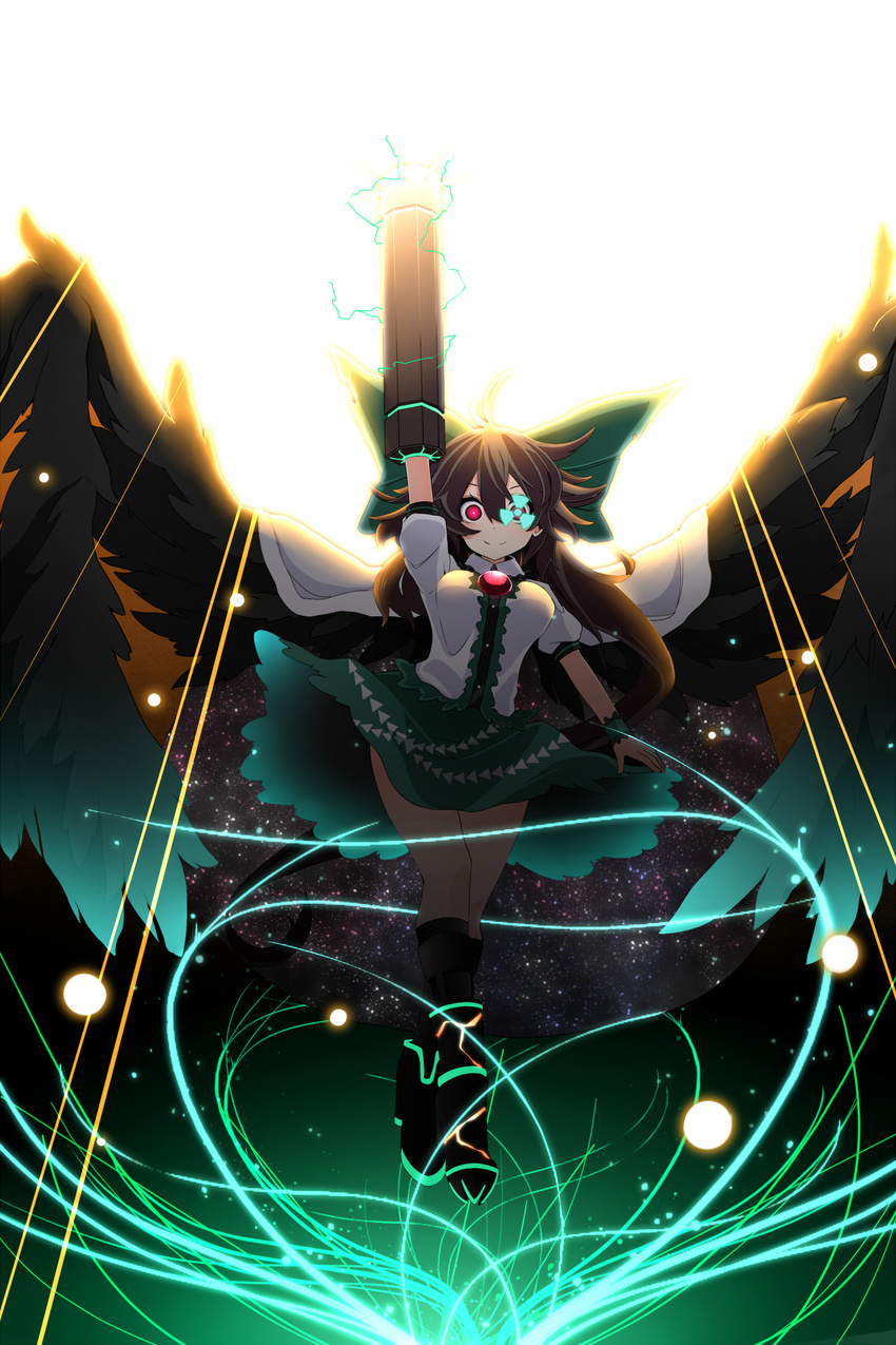 arm_cannon backlighting bird_wings black_wings bow commentary crazy_eyes energy_ball glowing glowing_weapon hair_bow highres long_hair pink_eyes pointing pointing_up puffy_short_sleeves puffy_sleeves radiation_symbol reiuji_utsuho rihito_(usazukin) shirt short_sleeves skirt smile solo space sparks third_eye touhou very_long_hair weapon wings